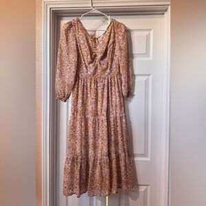 Floral Tiered Midi Dress - Pink/Yellow